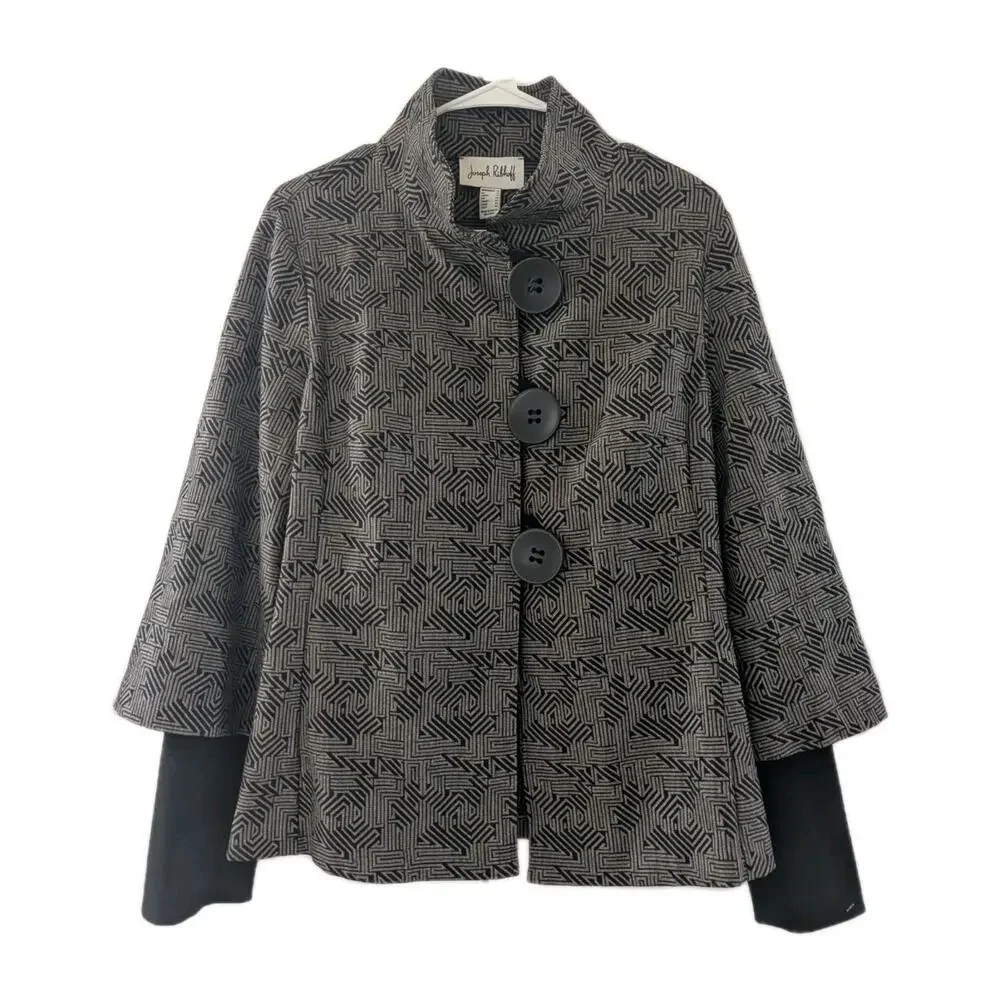 JOSEPH RIBKOFF Stand Up Collar Combo Sleeve Art To Wear Jacket 12 Big Buttons
